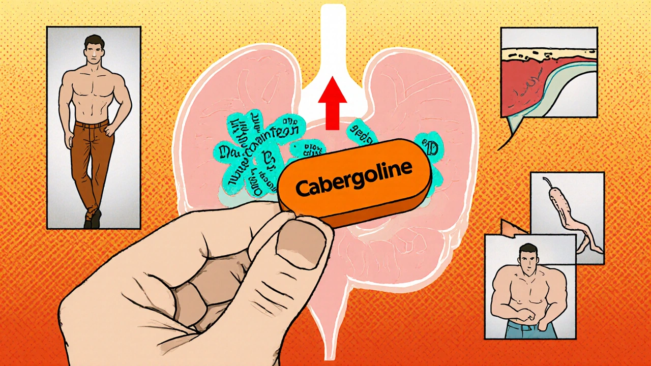 Cabergoline pill binding to pituitary receptors, illustrating health benefits.