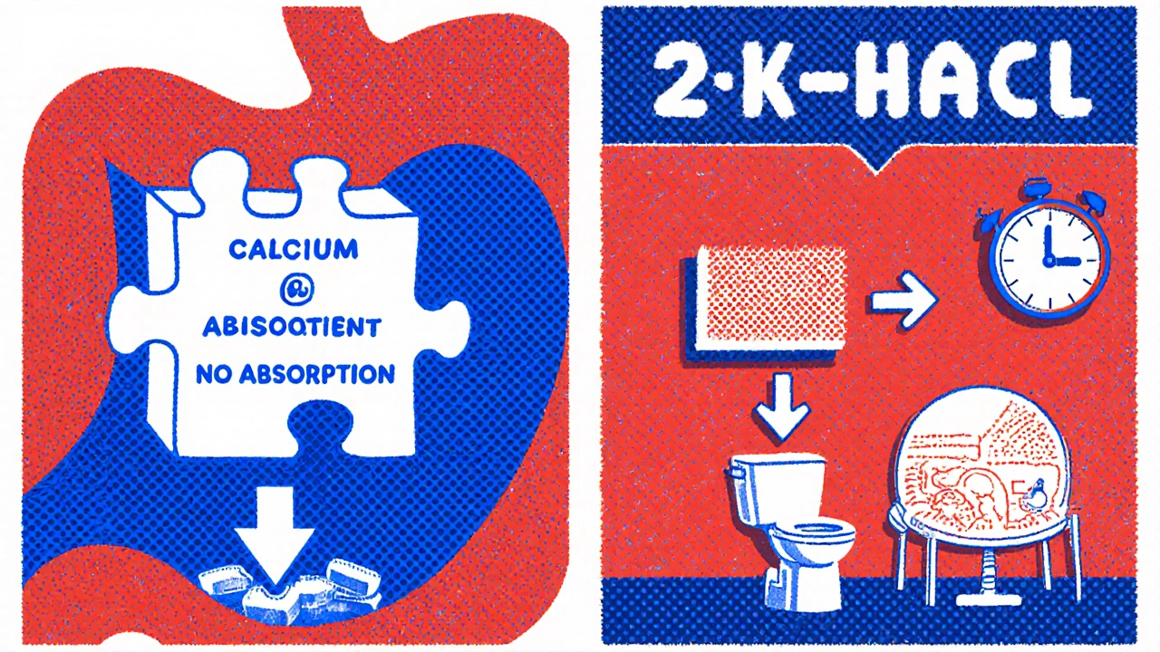 Calcium and bisphosphonate tablets clumping together vs. separated, showing absorption difference