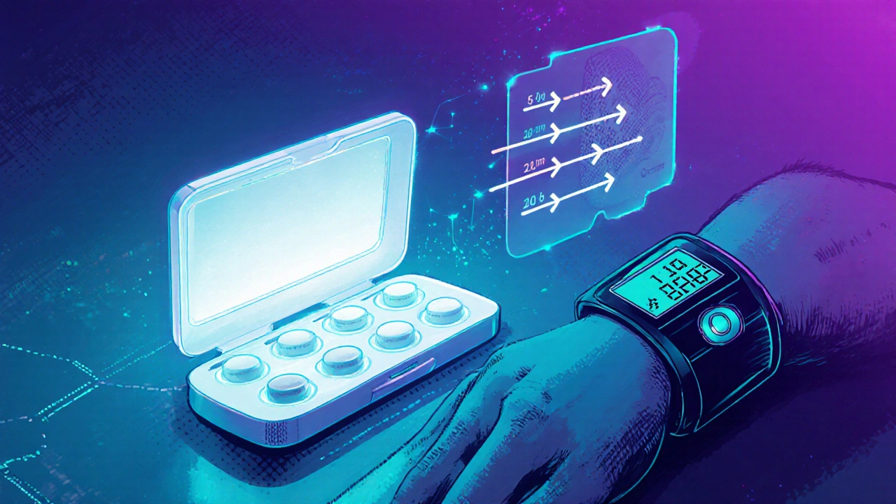 Cartoon futuristic tablet connected to a digital cuff and hint of a triple‑drug combo.