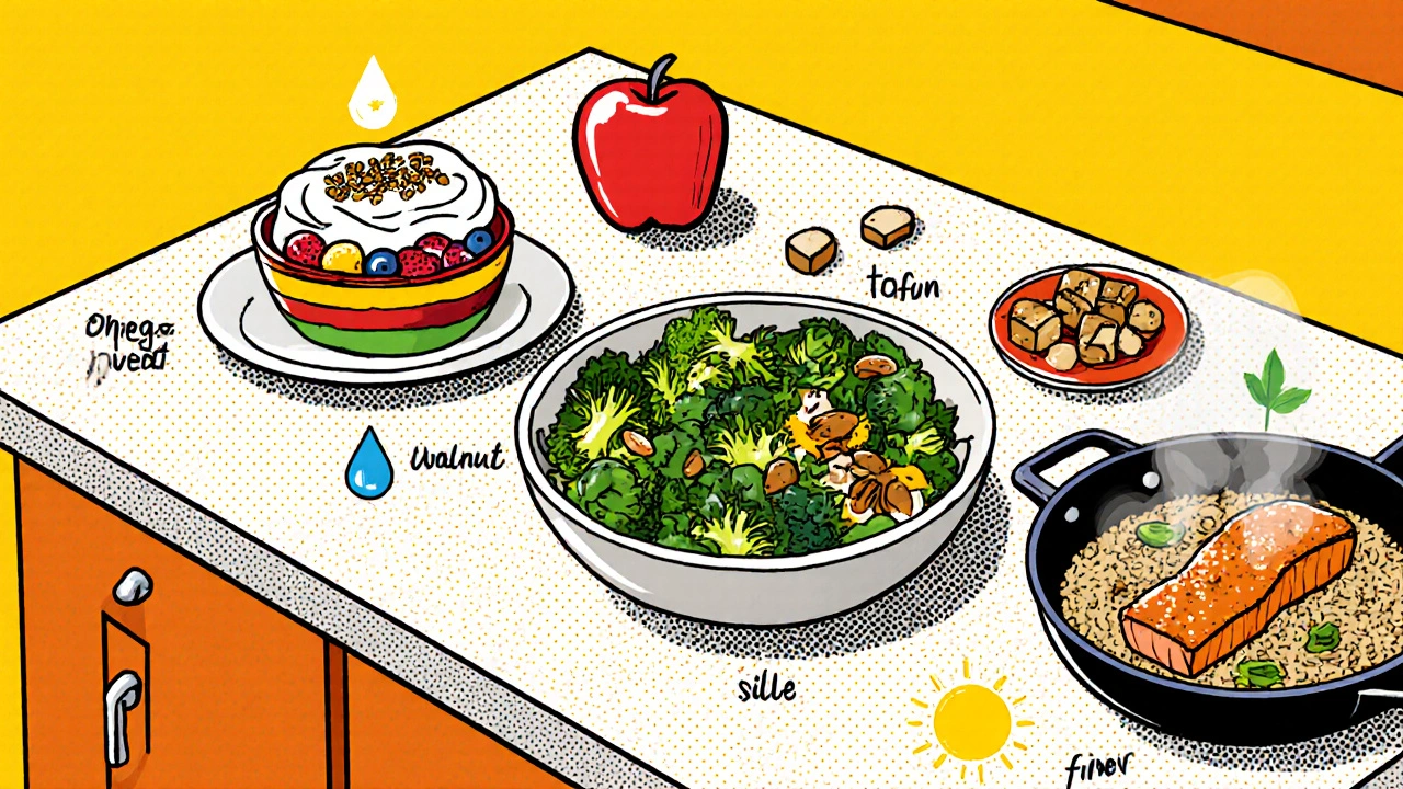 Cartoon kitchen scene displaying a yogurt‑flaxseed breakfast, walnut snack, salmon kale salad, and tofu‑Brussels sprouts stir‑fry.