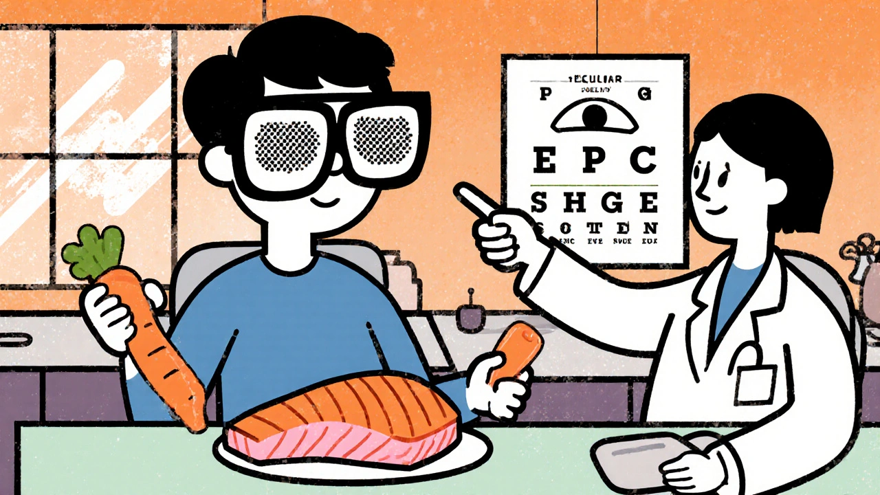 Cartoon scene of a patient with sunglasses, carrot, salmon, and doctor discussing eye health.