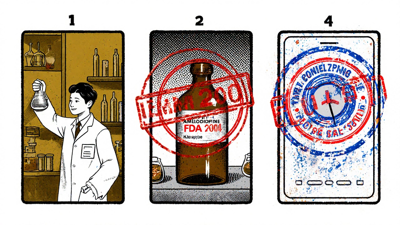 Cartoon timeline with 1990s lab, amlodipine bottle, and EMA/FDA approval stamps.