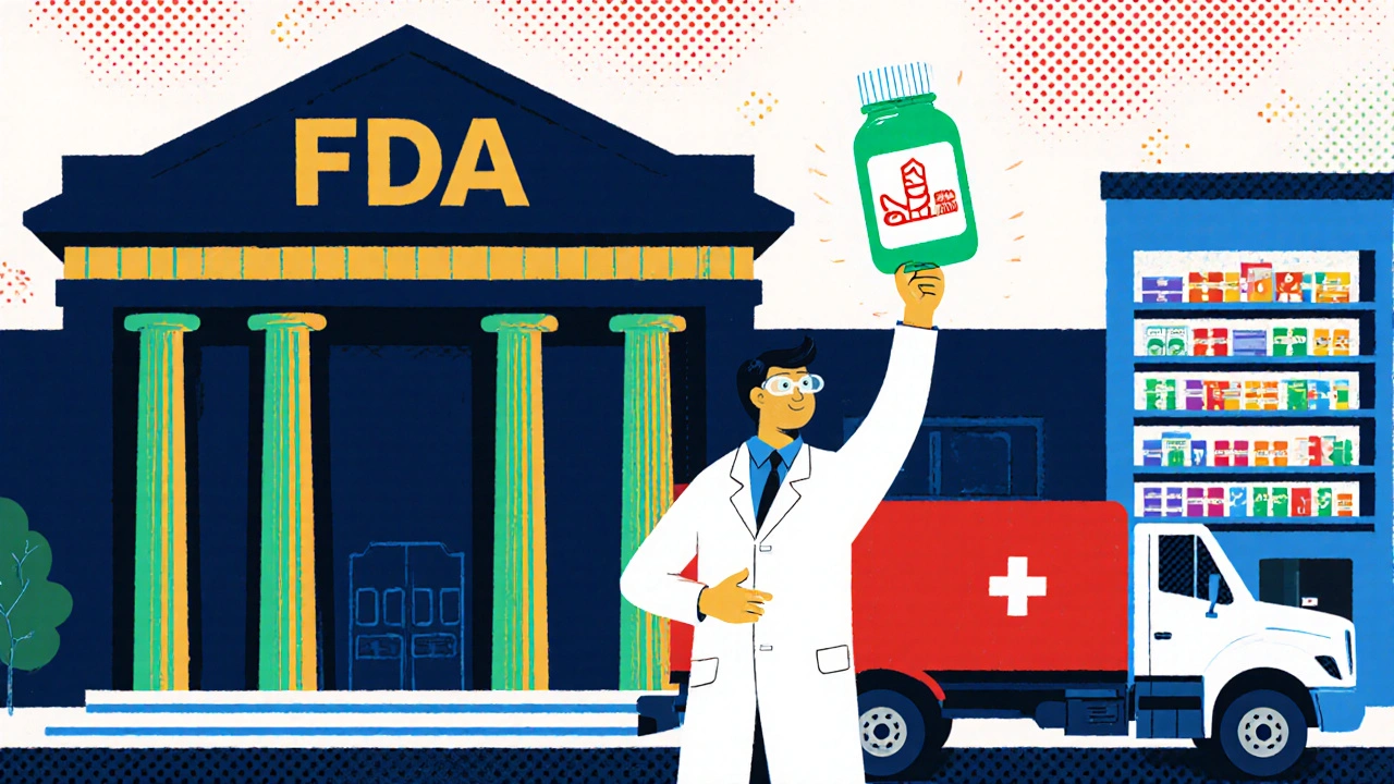 Celebration scene of FDA building, scientist with pill bottle, and delivery trucks.