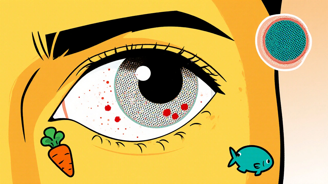 Close‑up cartoon eye with yellow sclera, dry surface and retinal hemorrhage spots.
