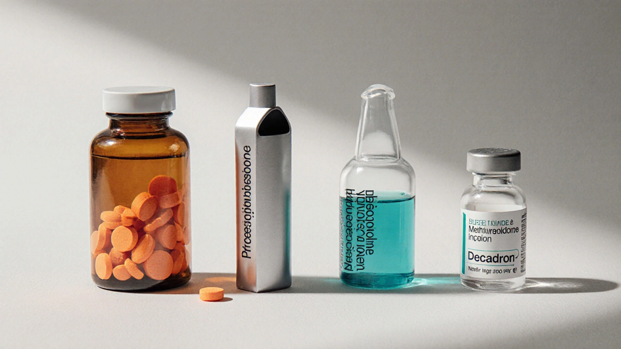 Close‑up of various steroid medication bottles and pills on a clinical surface.