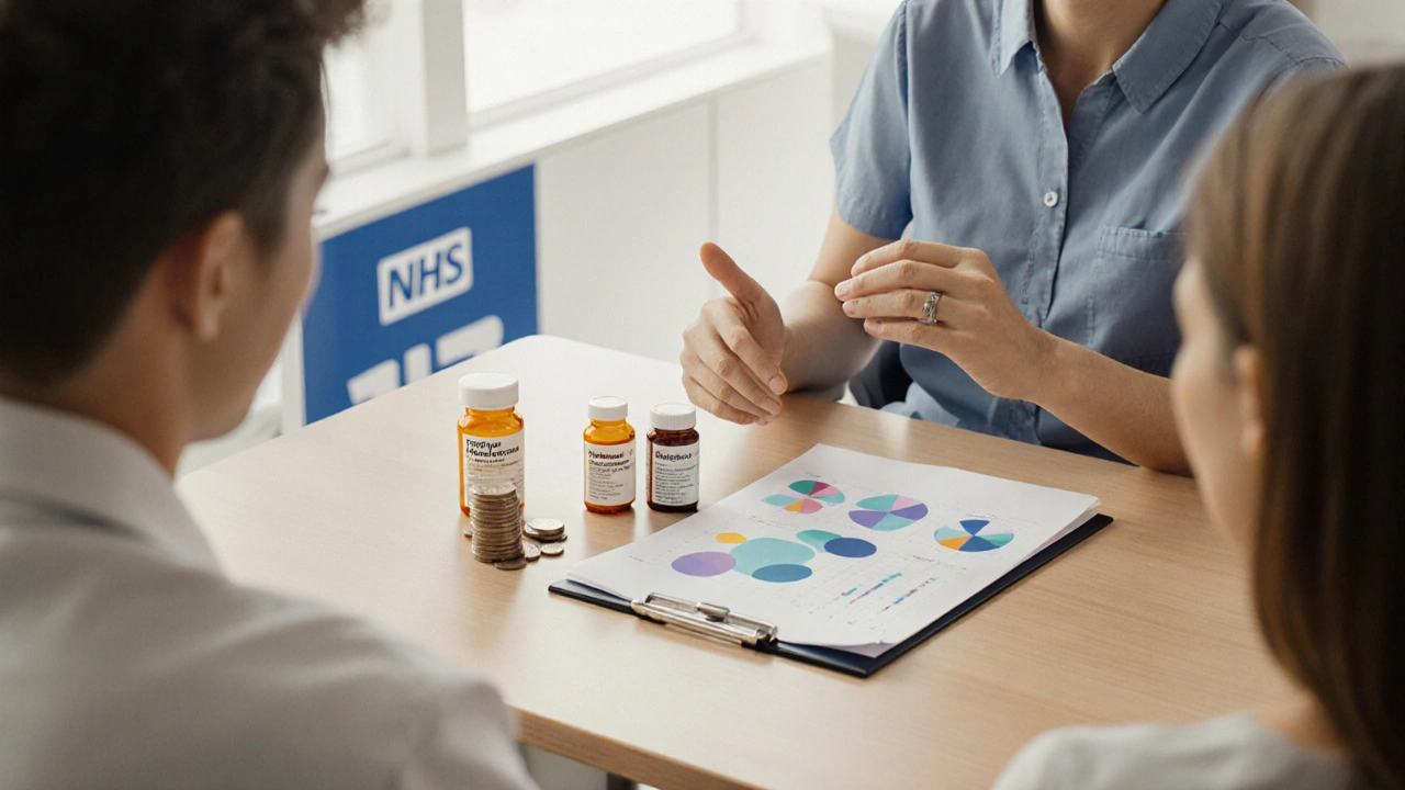 Doctor and patient discussing medication options with pill bottles and coins on the table.