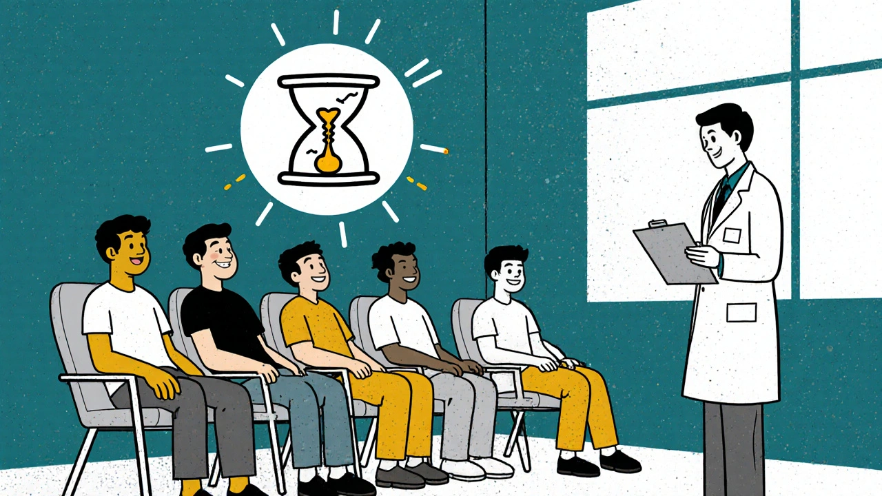 Doctor reviewing a clipboard with volunteers, highlighted by a 15‑minute hourglass icon.