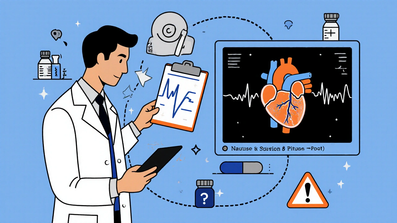 Doctor reviewing labs and heart valve check, with side‑effect icons.