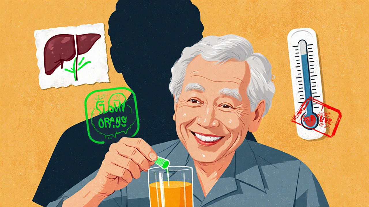 Elderly person mixing urea powder into juice with healthy liver icon, Natrise fading in background.