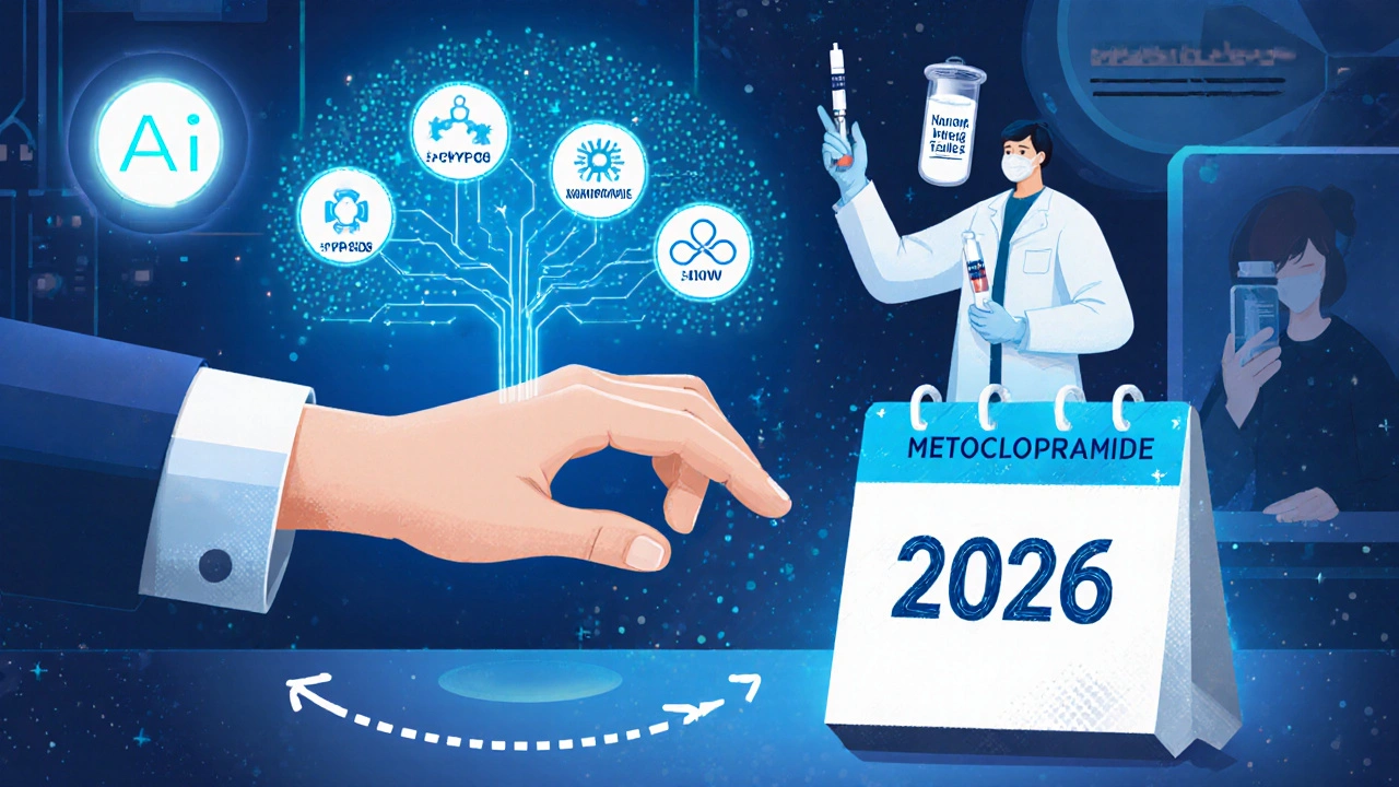 Future clinic illustration with AI dosing guide, genetic testing icons, and combination therapy for metoclopramide.