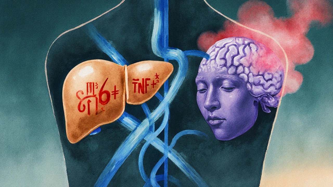 Illustration of liver releasing cytokine clouds to brain, causing fatigue.