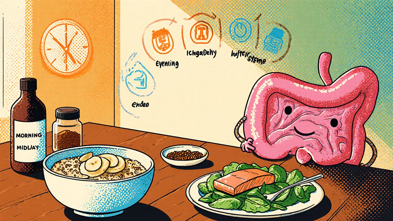 Kitchen scene with oatmeal, salmon salad, fermented veggies, supplements, and a smiling gut character representing a daily routine.