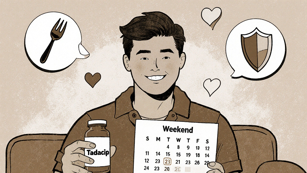Man smiling at weekend calendar with pill bottle, surrounded by food, heart, and safety icons.