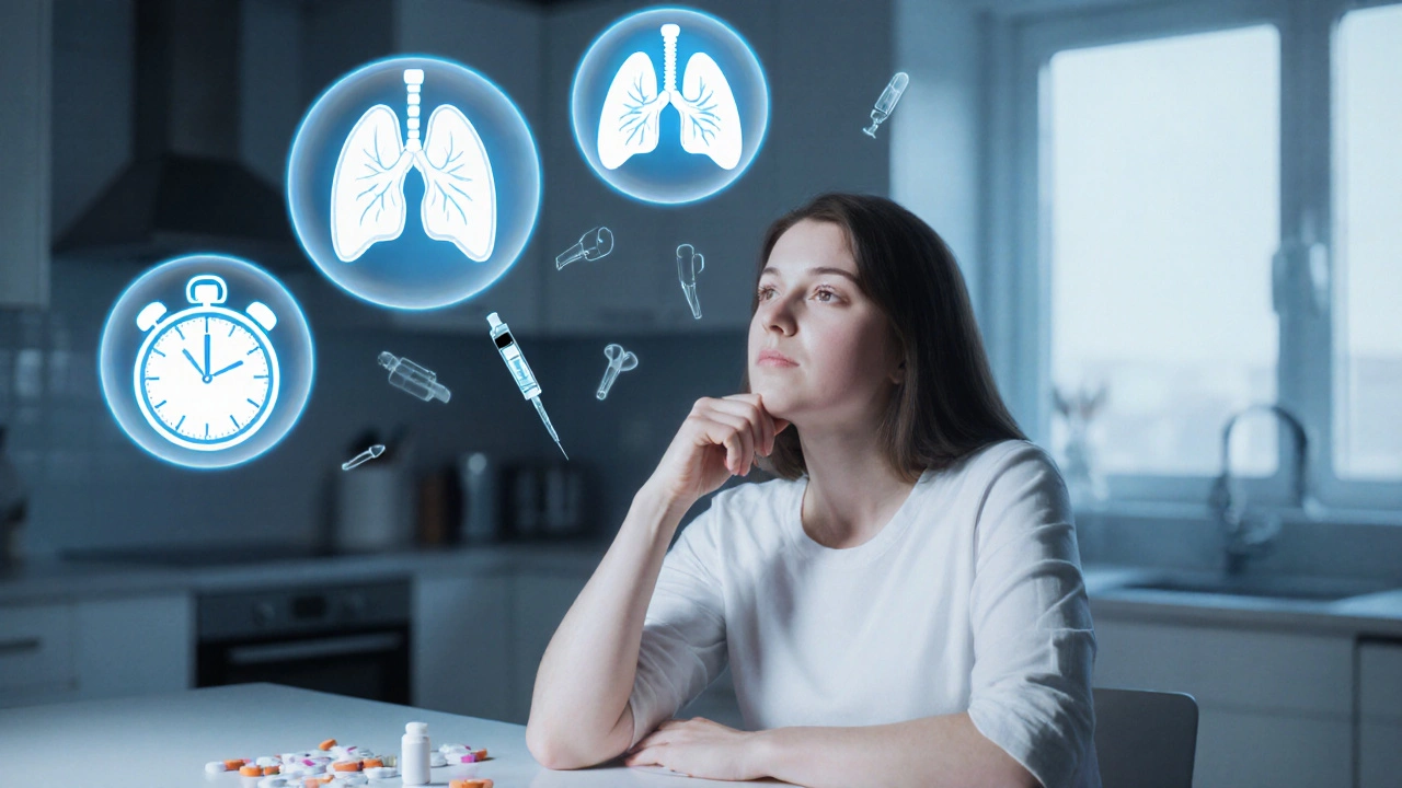 Patient at a kitchen table surrounded by floating medication icons, contemplating choices.