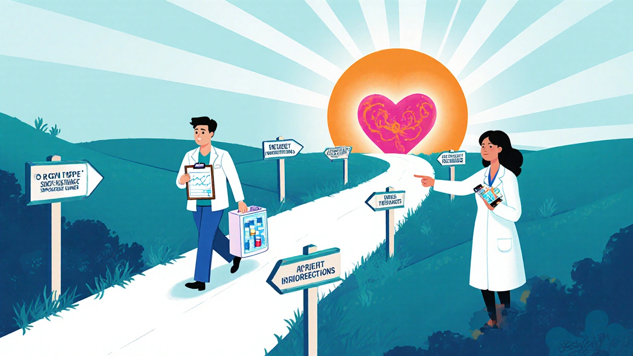 Patient follows a path with signs for drug choice factors, guided by a doctor.