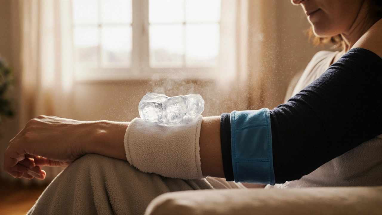 Person applying an ice pack to a sore elbow while wearing a compression sleeve.