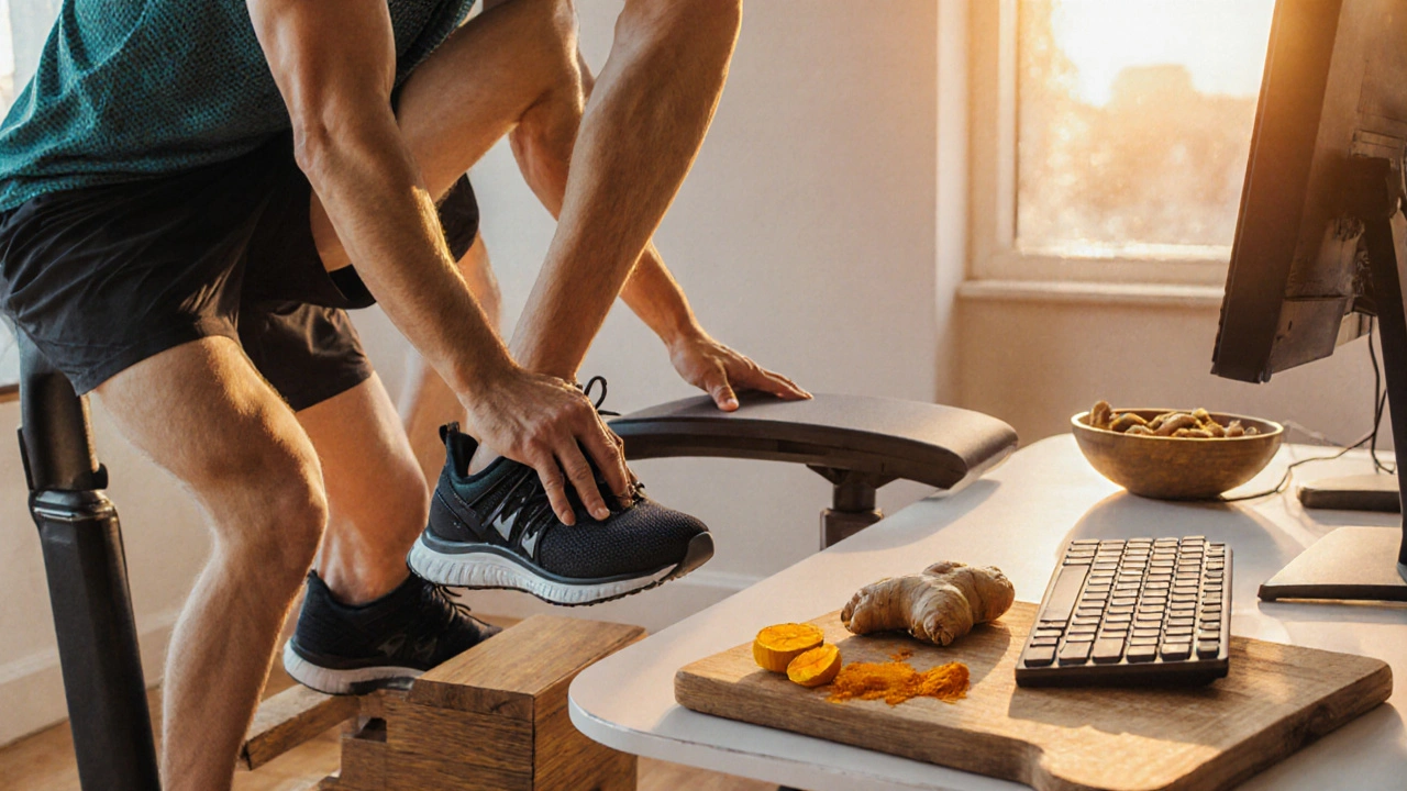 Person performing calf raises on a step, surrounded by ergonomic workspace items and turmeric ginger supplements.