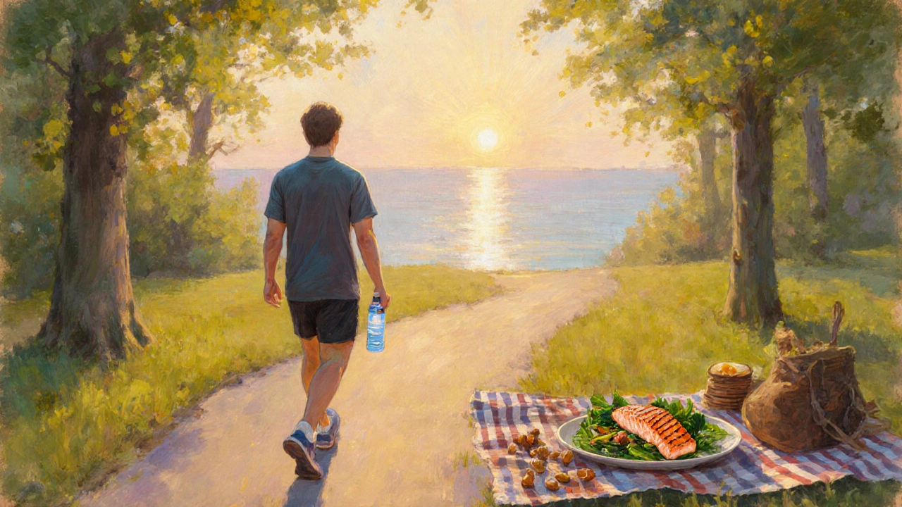 Person walking in a sunrise park with a healthy meal and water bottle.