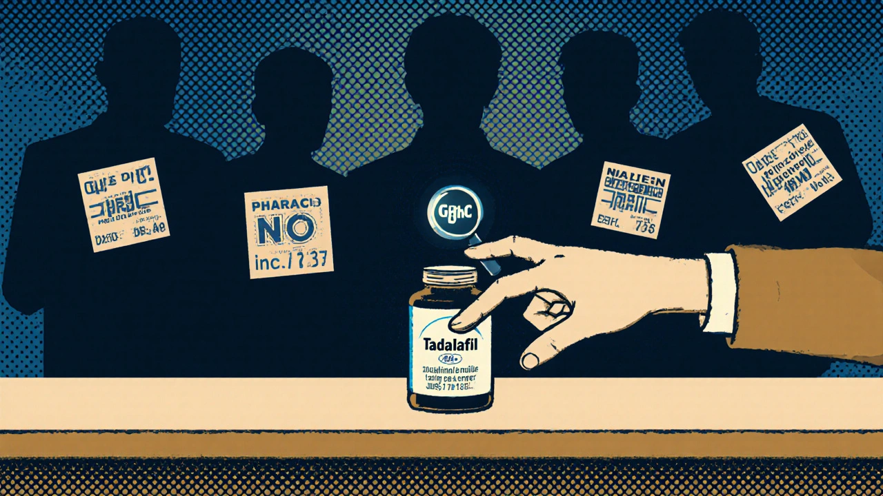 Pharmacy counter with certified logo, hand reaching for pill bottle as risky sellers fade away.