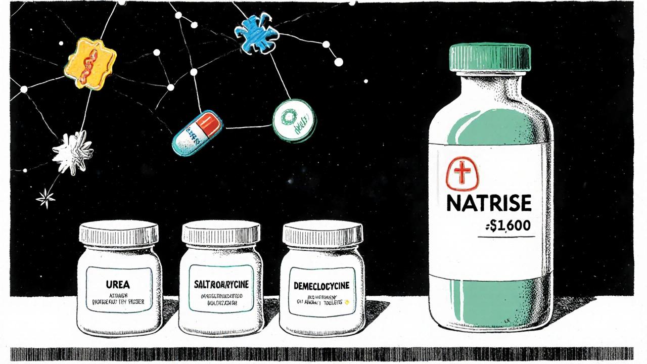 Pharmacy counter with three affordable alternatives beside expensive Natrise bottle in vintage poster style.