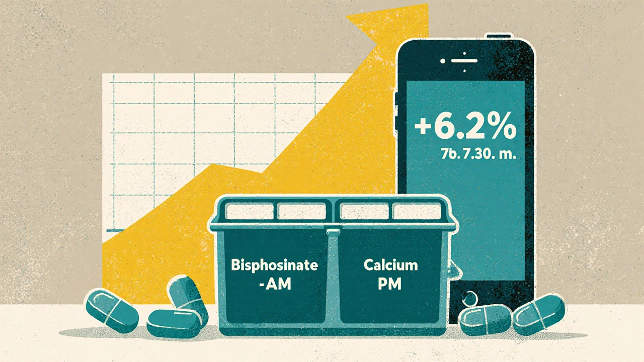Pill organizer with AM/PM labels and phone alarm, next to rising bone density graph