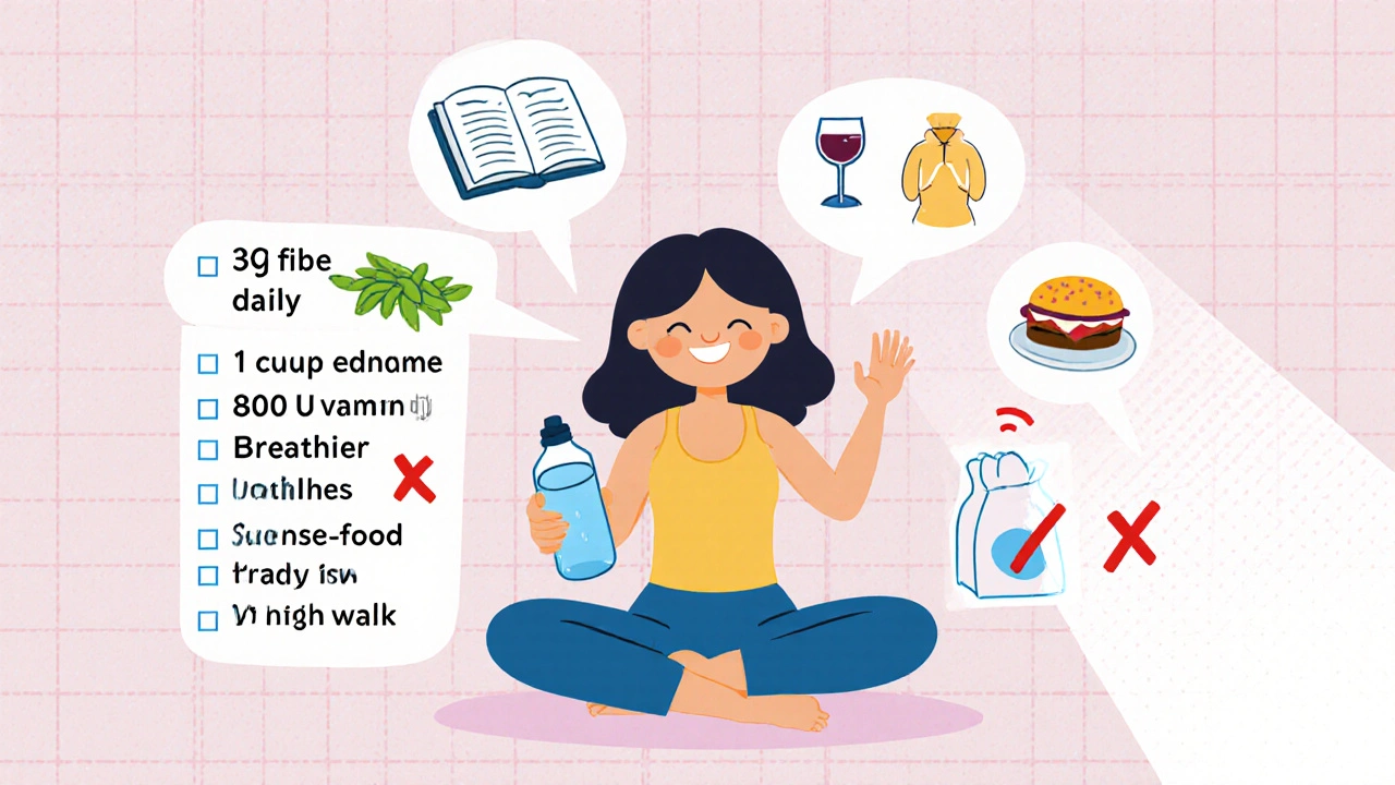 Screenprint style checklist with a yoga figure holding a journal, water bottle and icons for healthy habits, and crossed‑out symbols for bad foods.