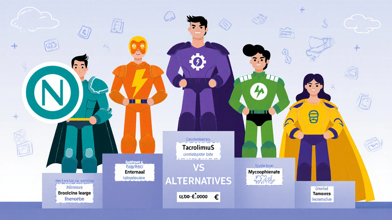 Superhero drug characters lineup showing doses, side effects, and costs.