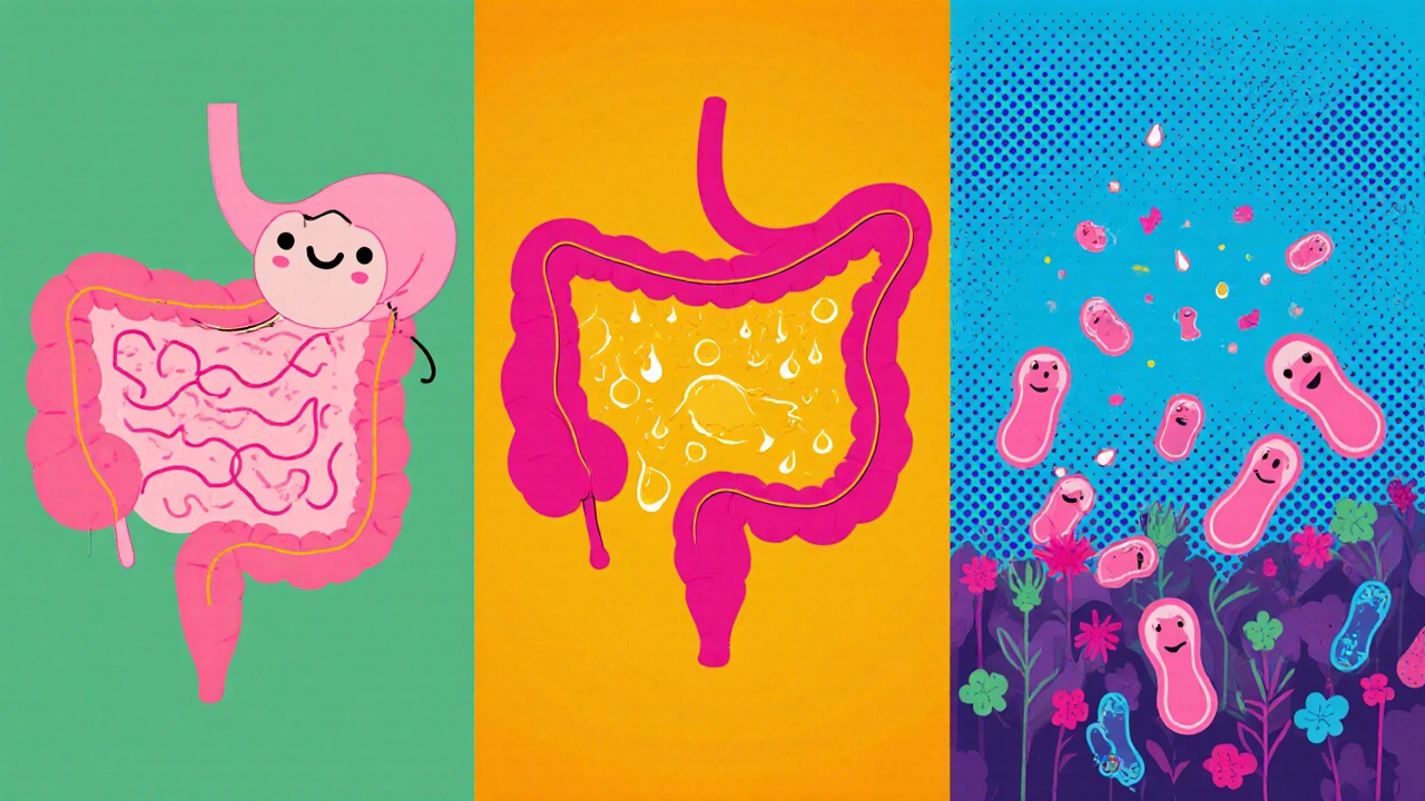 Three-panel cartoon showing progesterone relaxing gut muscles, enhancing bile flow, and supporting beneficial bacteria.