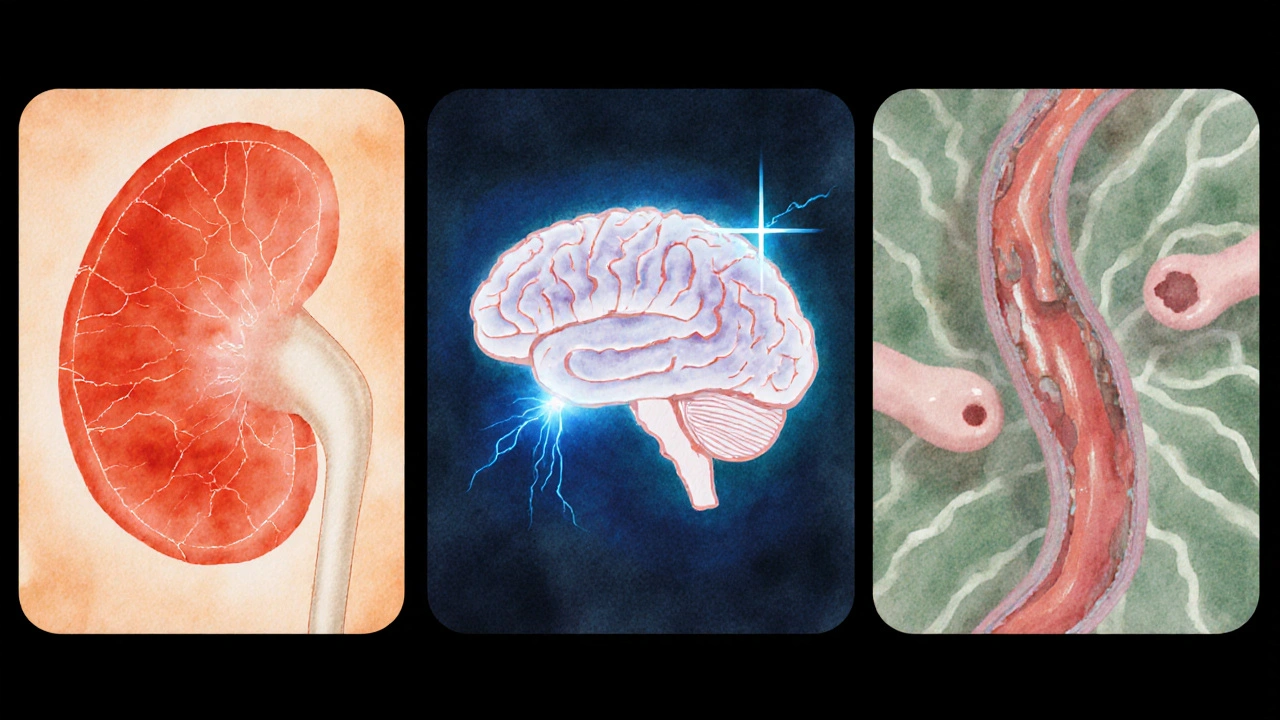 Three watercolor panels showing kidney damage, brain tremor, and cholesterol issues.