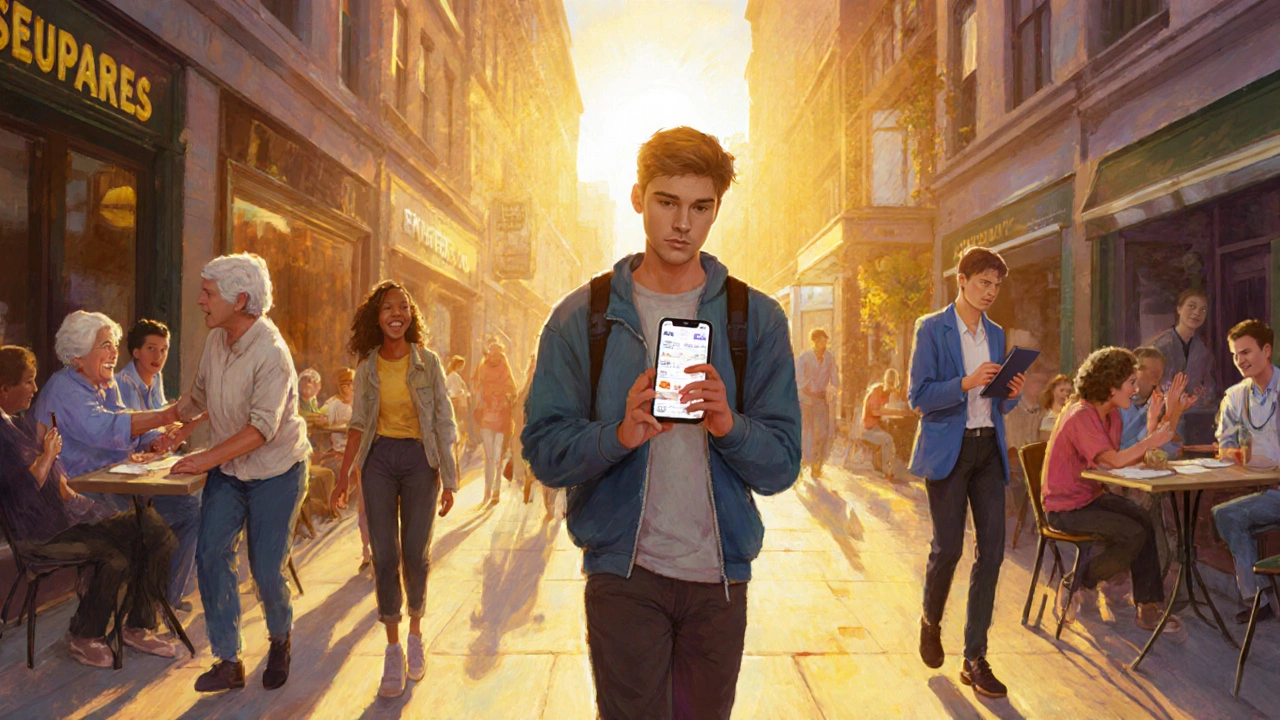 Young adult walking confidently with smartphone app, surrounded by supportive community.