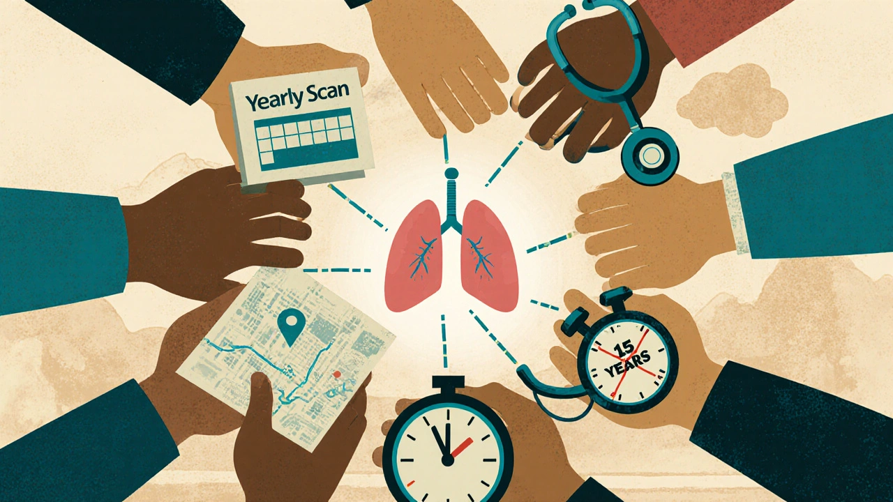 A diverse group holding symbols of screening access, connected to a healthy lung icon in the center.