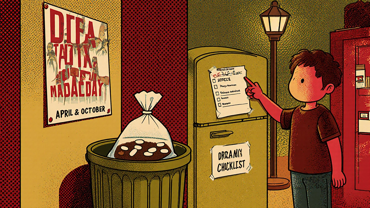 A family disposing of expired meds with coffee grounds in a sealed bag beside a take-back bin.