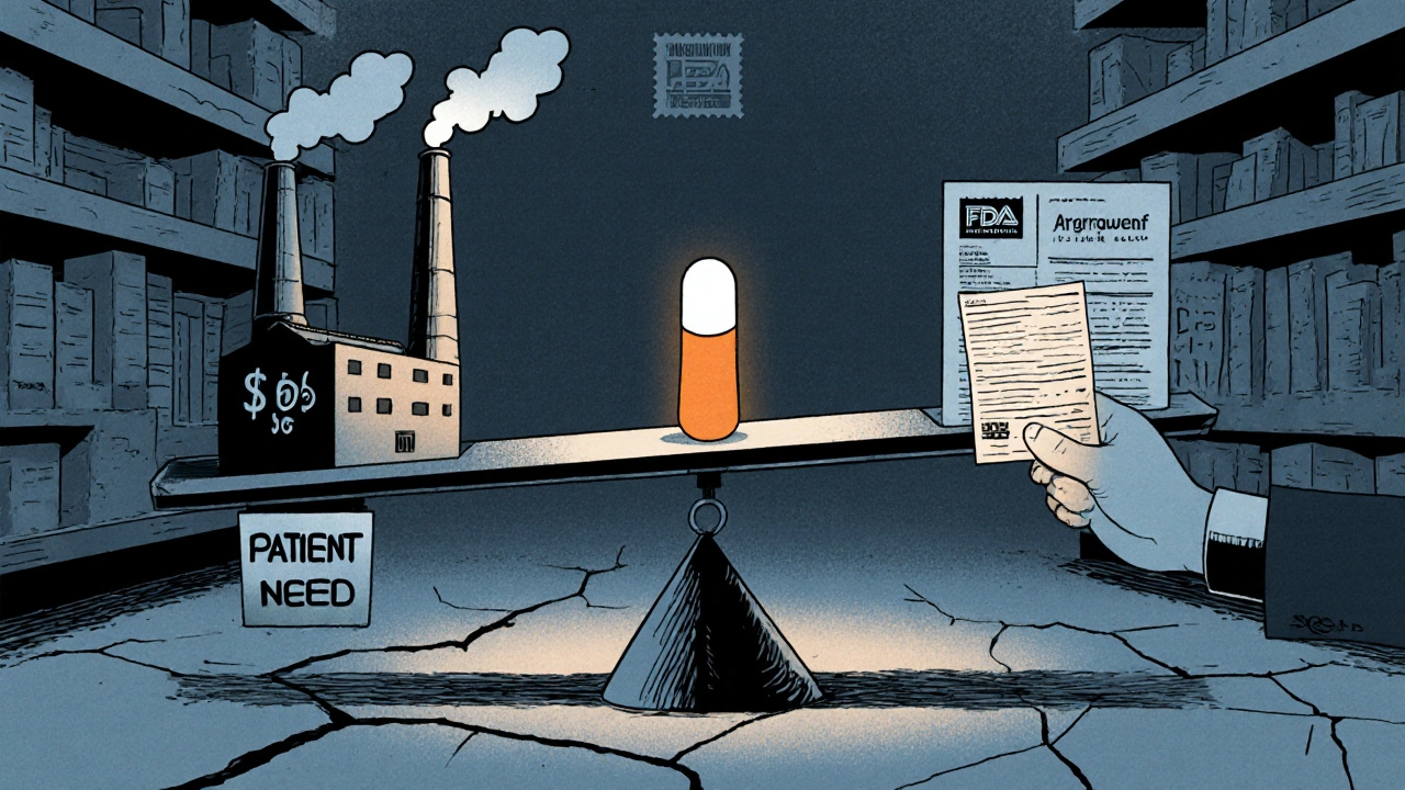 A low-priced pill causing factory shutdown, contrasted with patient need in an empty pharmacy.