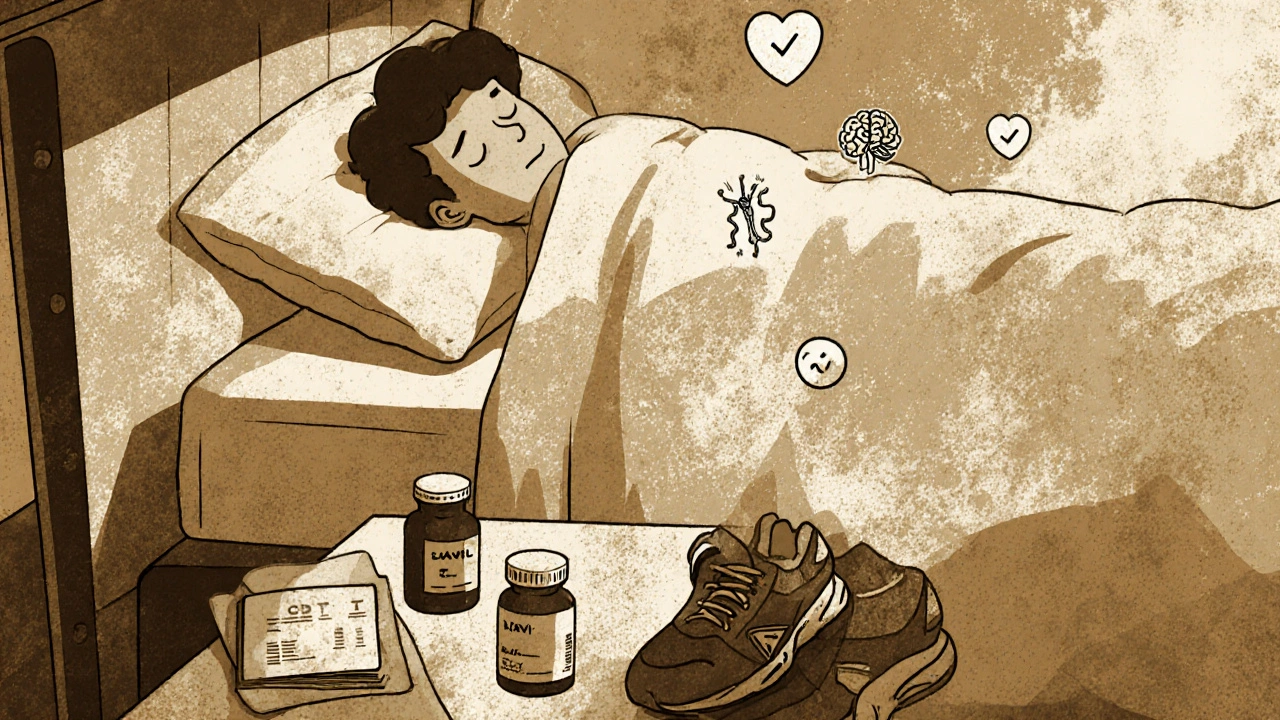 A peaceful sleeper surrounded by health symbols, with discarded pills and wellness tools on a nightstand.