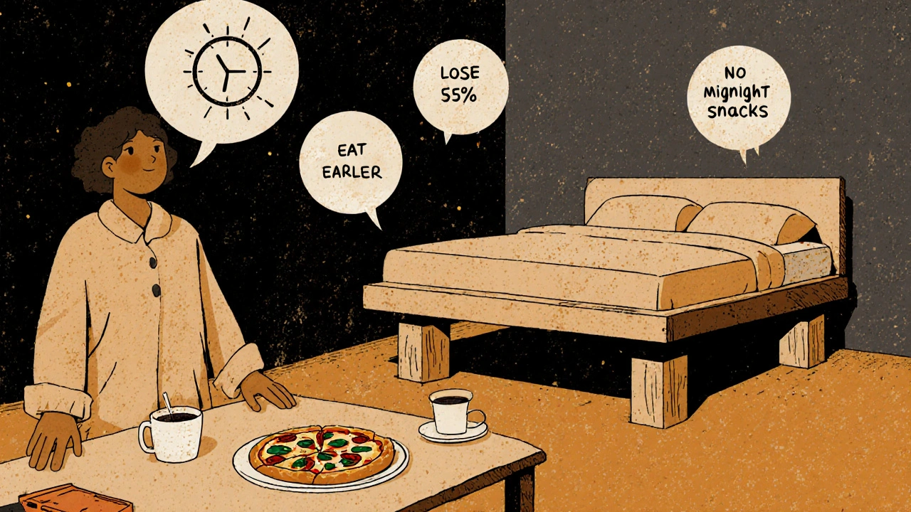 A person at night avoiding trigger foods, with an elevated bed and lifestyle tips floating nearby.