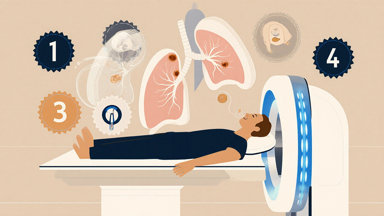 A person lying in a low-dose CT scanner with floating lung images and Lung-RADS categories around them.