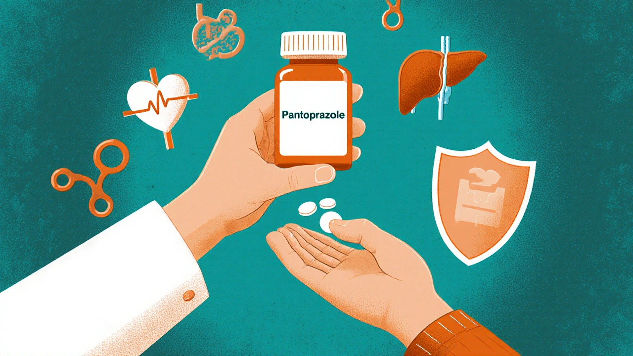 A pharmacist handing pantoprazole to a patient, surrounded by icons representing safe drug interactions.