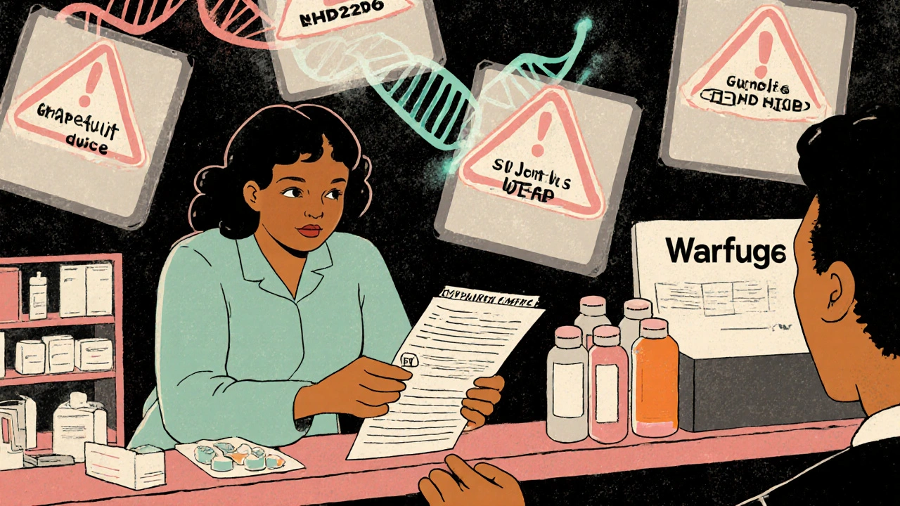 A pharmacist reviewing medication list with floating interaction warnings and genetic helix.