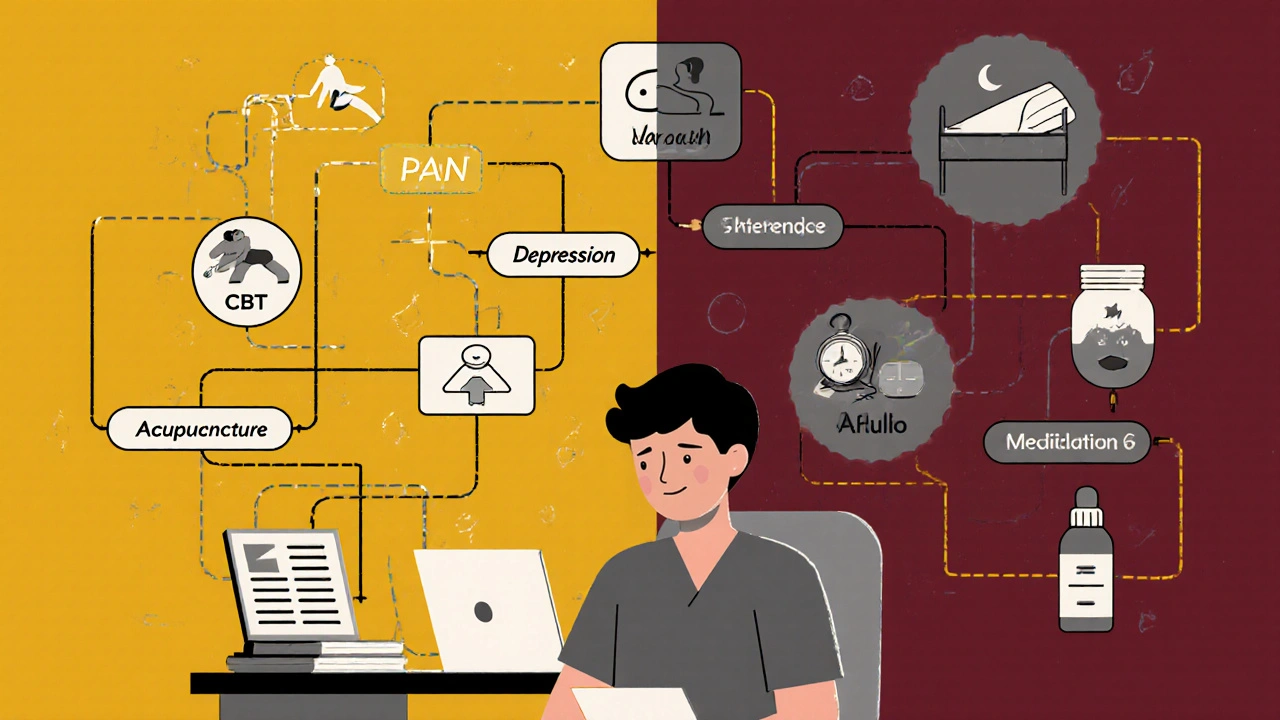 A stylized flowchart in a doctor’s office showing non-drug and drug options for pain, sleep, and depression.