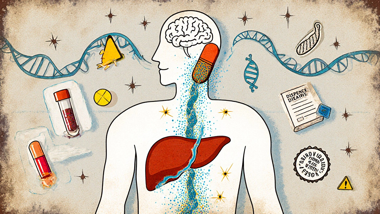 An anatomical diagram showing a pill dissolving into chaotic particles, with DNA strands and medical icons floating around.