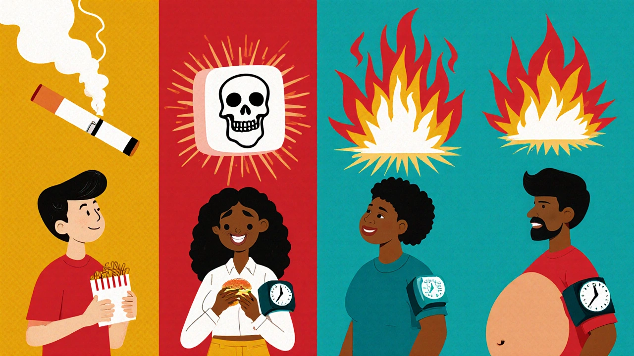 Diverse people with floating risk factor icons: cigarette, sugar cube, blood pressure cuff, and belly fat with flames.
