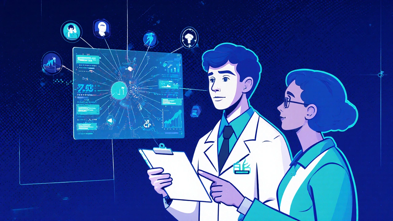 Doctor interacting with an AI co-pilot displaying patient drug data streams.