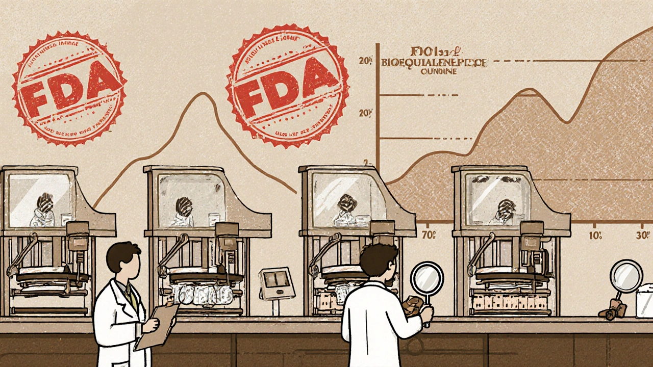 Factory line with inspectors checking tablets under magnifiers, FDA seals, and bioequivalence graphs in screenprint style.