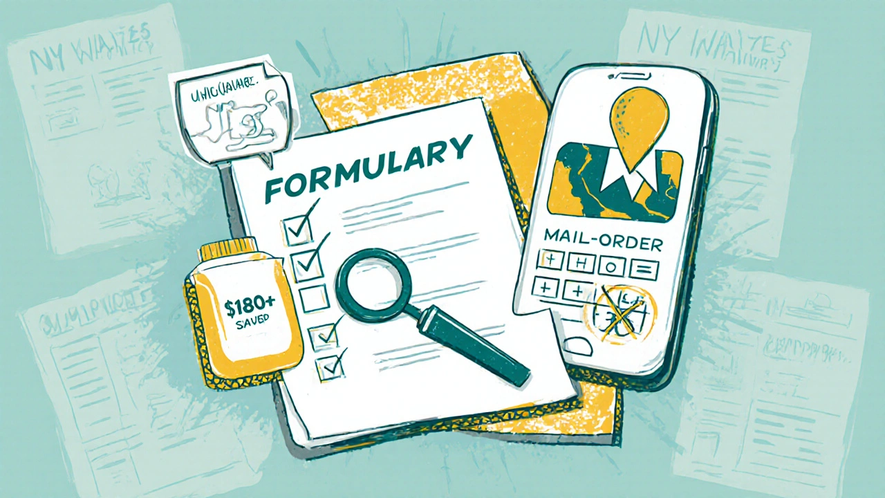 Floating checklist with icons for formulary check, mail-order savings, and avoiding misleading sales reps.