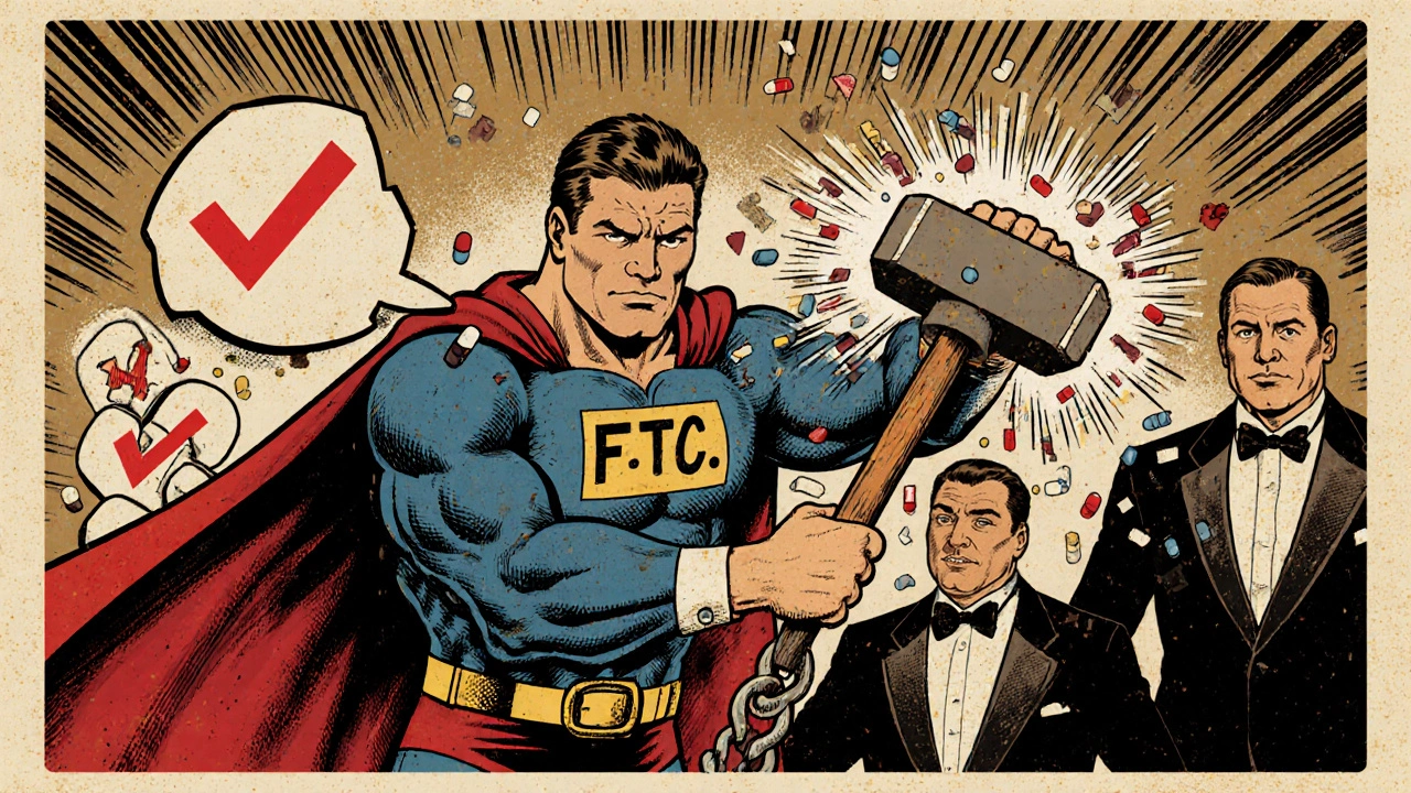 FTC superhero smashing pay-for-delay deals, releasing generic drug confetti.