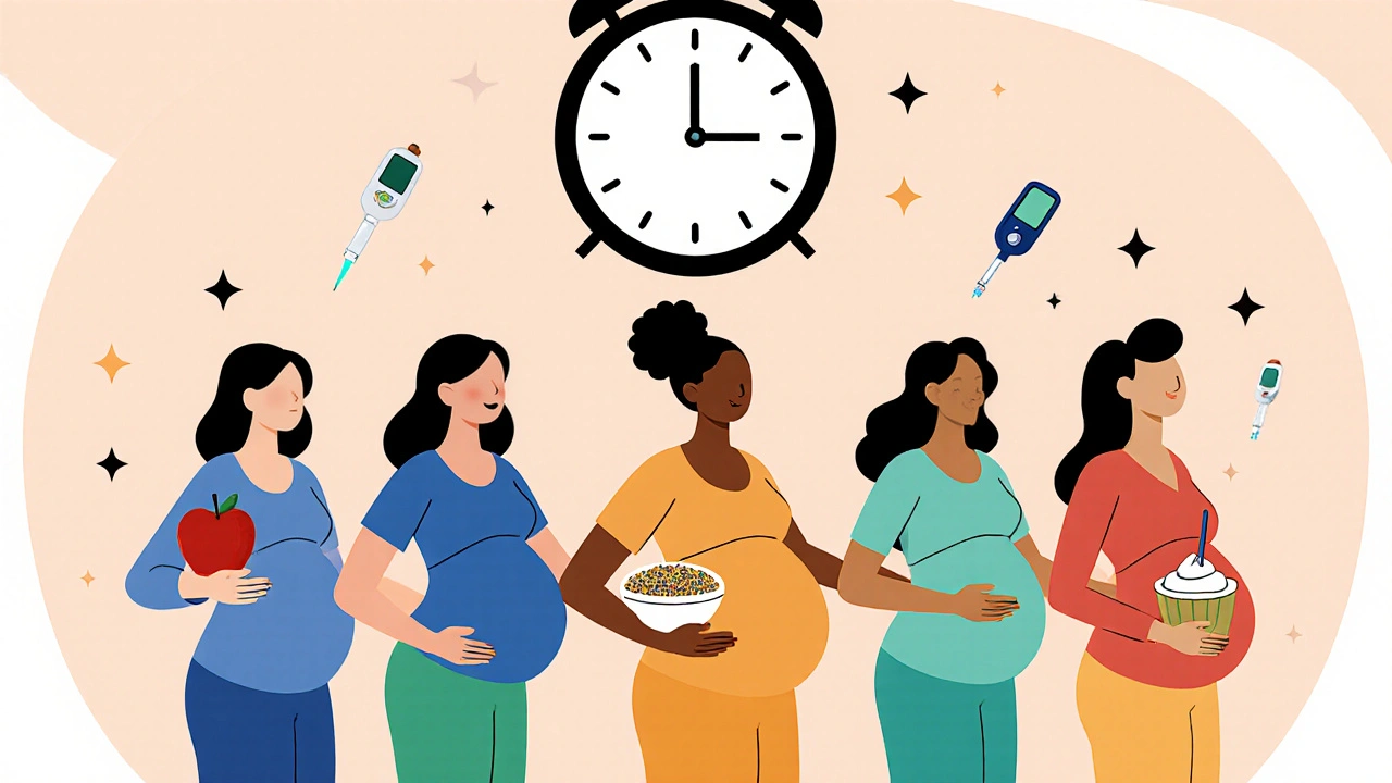 Group of pregnant women holding healthy foods, symbolizing support and management.