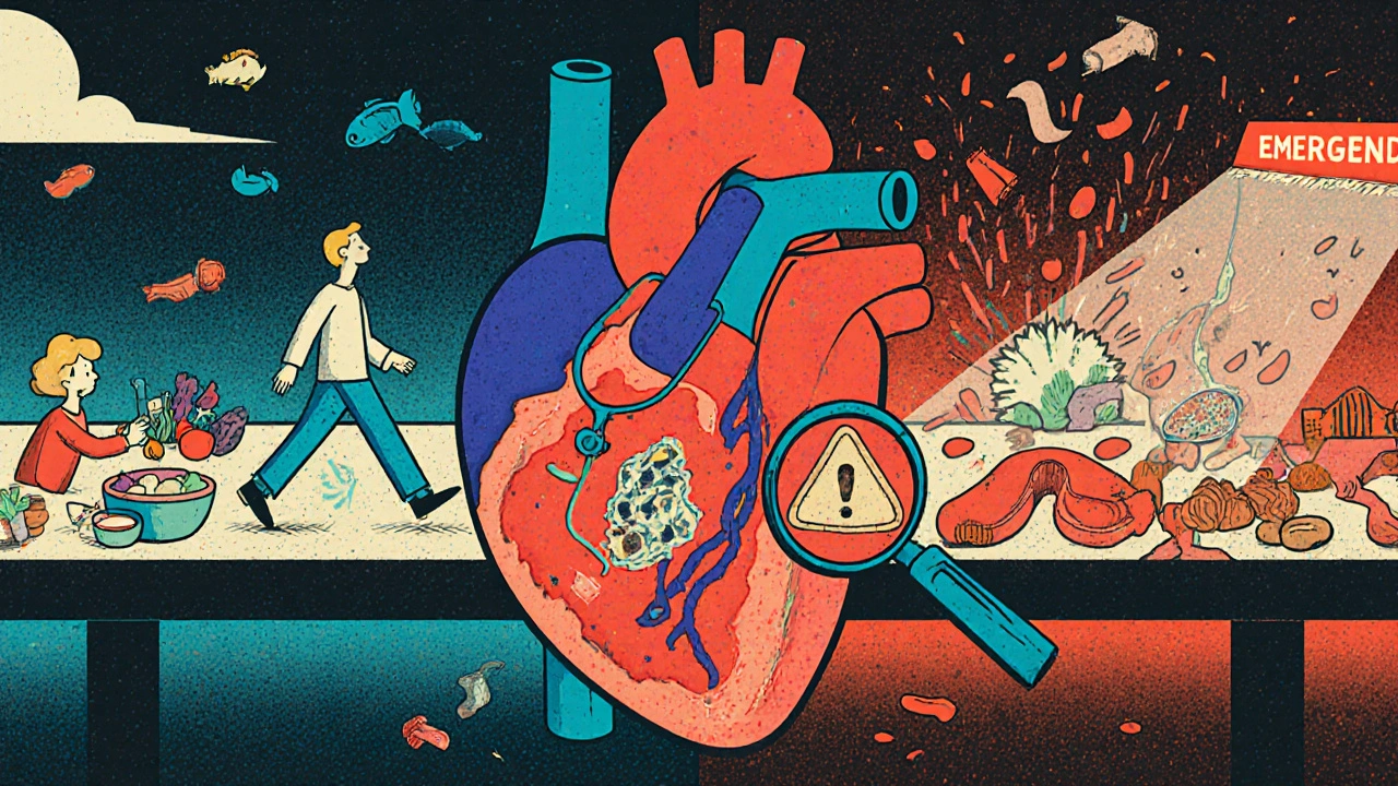Heart with stethoscope bridge between healthy lifestyle and cardiac emergency, showing plaque reduction with diet and meds.