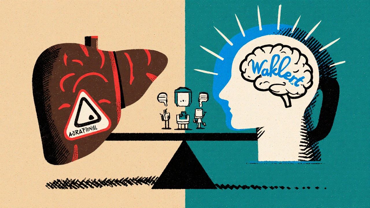 Liver with warning signs versus calm brain, balanced by icons of sleep and work in vintage screenprint style.