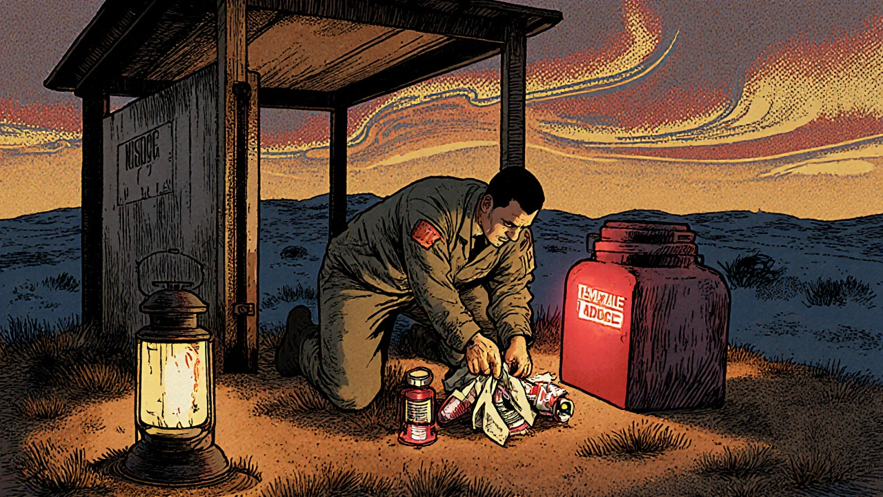 Medic burying insulin vials in sand at night, using wet cloth and a broken fridge with a red warning logger.