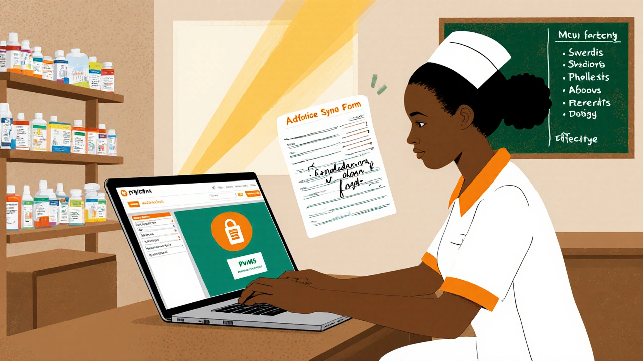 Nurse in a rural clinic using PViMS on a laptop with handwritten report nearby.